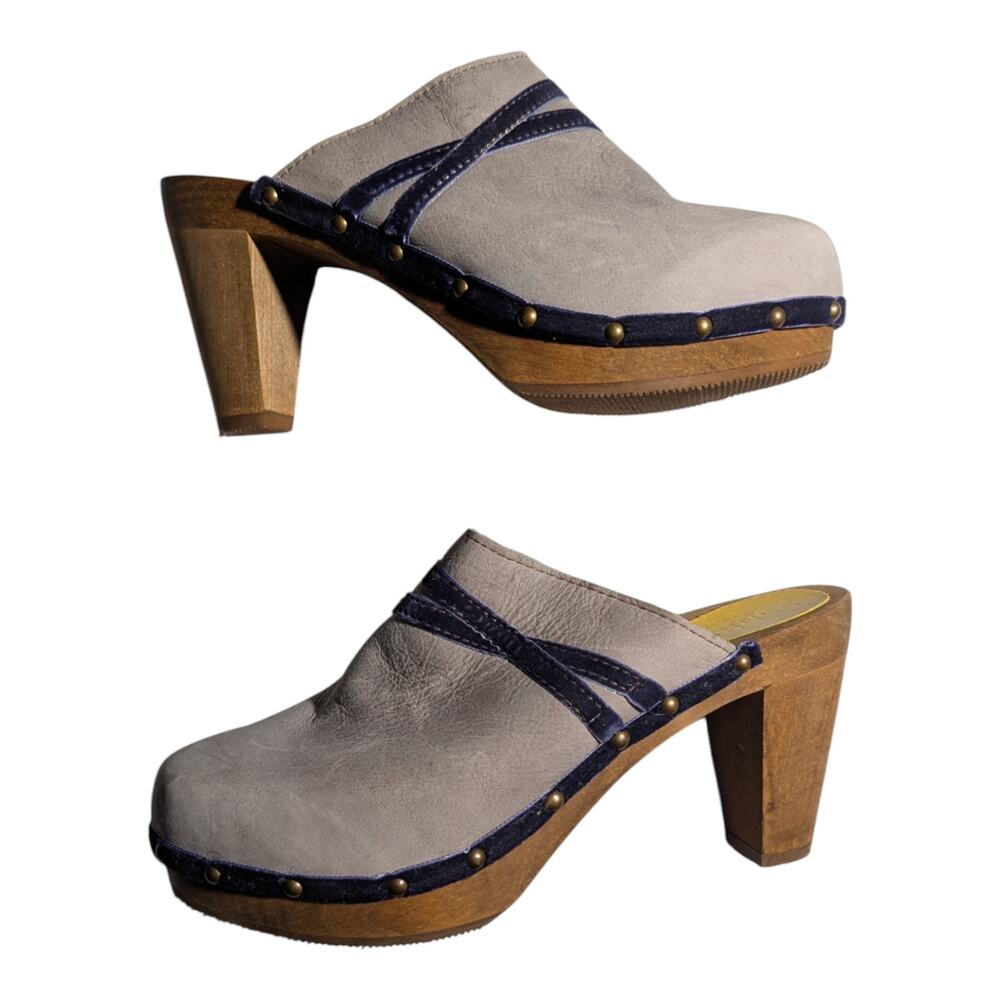 Sanita Gray Nubuck Leather Wooden High Heel Open Back Clogs EU 39 US 8.5
